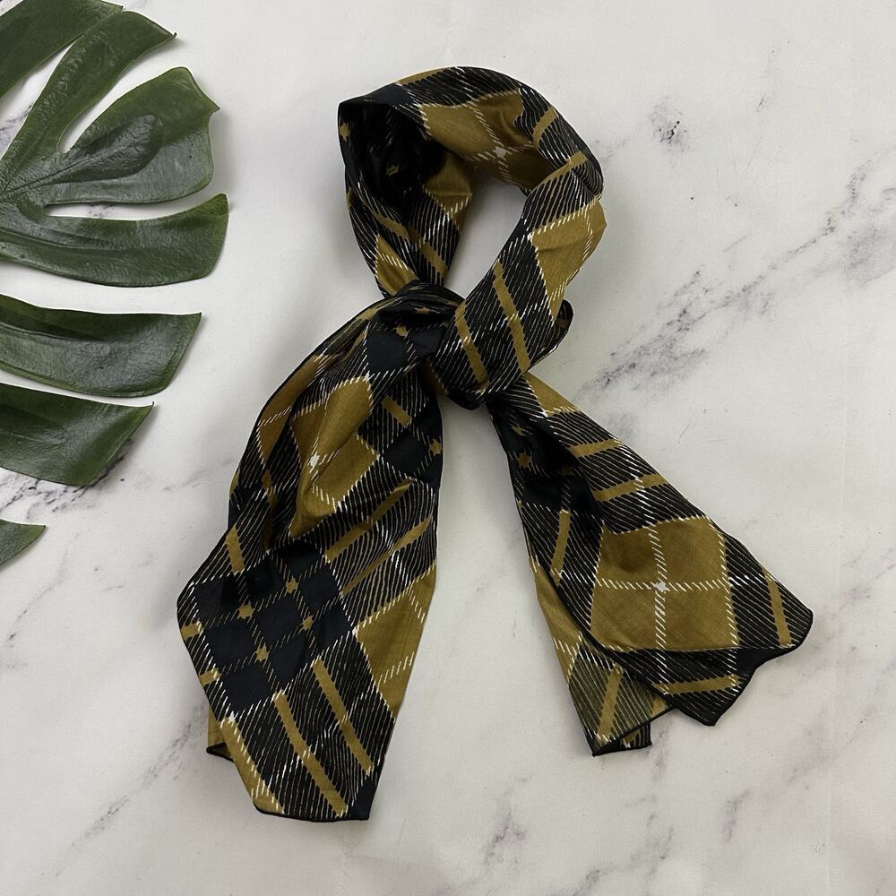 Vera Neumann Vintage 60s Silk Scarf Brown Black Plaid Long Rectangle USA